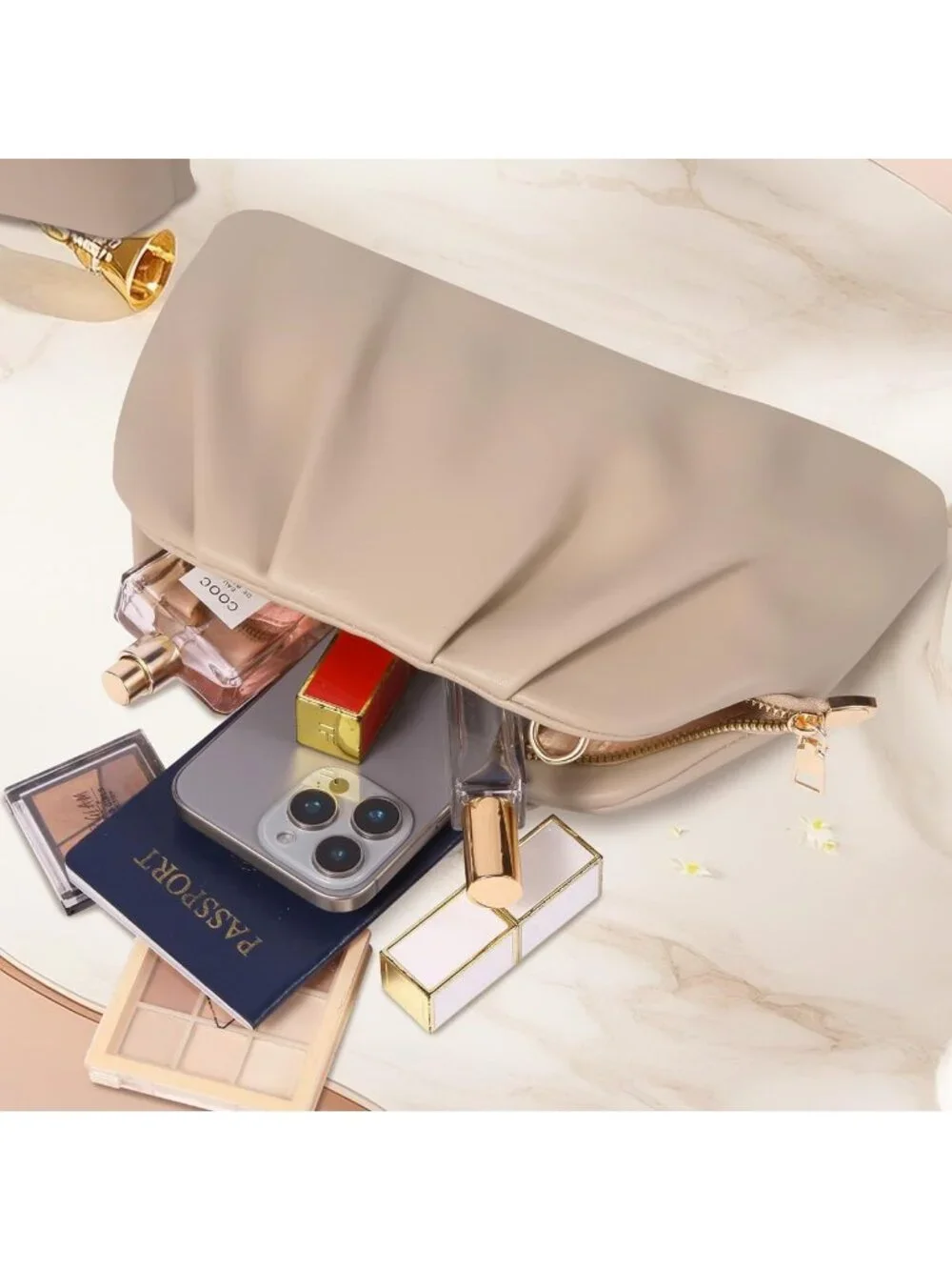 Women's Nude Soft Pleated Pu Clutch Purse Elegant Evening Wedding Bag